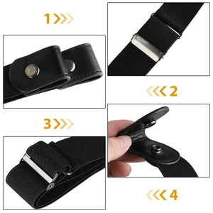 Detail view of black elastic buckle-free belt showing metal adjustment slide and snap buttons