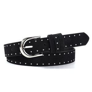 Black suede belt with double row silver studs and polished metal needle buckle for women