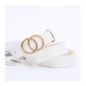 Minimalist white faux leather belt for women featuring a stylish golden double ring buckle