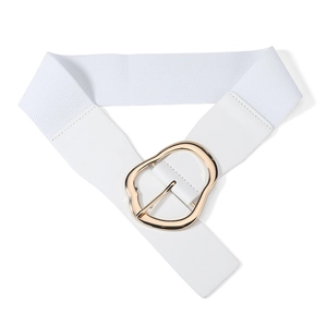 Detail of white elastic waist belt with an irregular gold buckle on a clean background