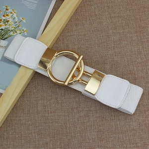 Close-up of white elastic waist belt featuring a gold circular buckle and T-bar closure