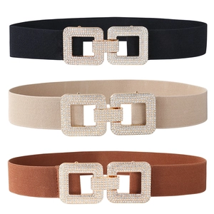 Women Rhinestone Elastic Waist Belt Elegant Faux Leather Interlocking Square Buckle Stretch Corset Belt For Dresses Ladies Fashion Waistband