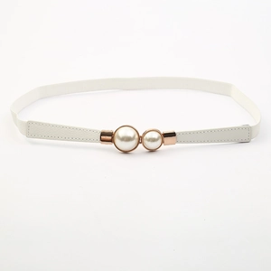Elegant white elastic skinny belt featuring double pearls and rose gold buckle for dresses