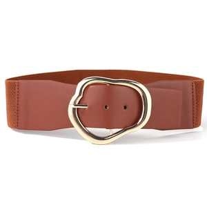 Detail of wide brown elastic belt with large irregular golden metal buckle for dresses