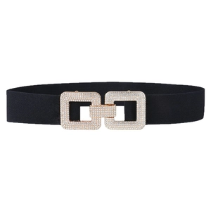 Women's black elastic waist belt featuring a luxury square rhinestone interlocking buckle