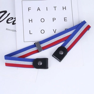 Macro detail of tricolor elastic belt with leather tabs and silver metal snap closure