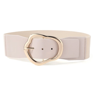 Detail of beige elastic wide belt featuring irregular gold metal buckle and faux leather