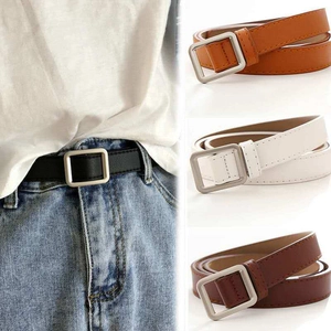 Narrow leather belts for women with square silver buckles in four classic colors