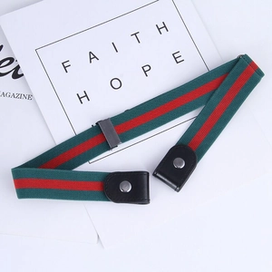 Detail view of striped elastic no-buckle belt with snap button and metal slide adjuster