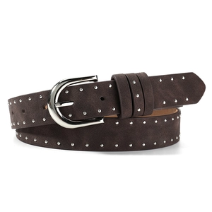 Detail of dark brown suede belt featuring double rows of silver studs and horseshoe buckle