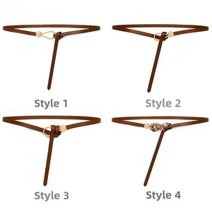 Genuine cowhide slim waist belt for women with four different knotting styles in caramel brown