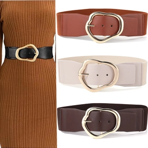 Women Elastic Corset Belt Irregular Geometric Metal Buckle Faux Leather Wide Waist Cincher For Dresses Sweaters Fashion Accessory