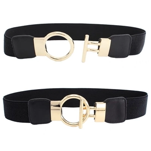 Women's Vintage Elastic Wide Waist Belt With Golden Round T-Bar Interlocking Buckle PU Leather Corset Belt For Dresses