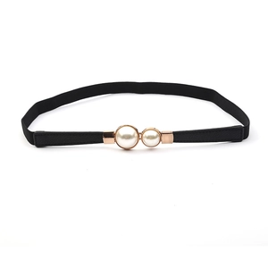 Elegant black elastic waist belt with pearl buckle and rose gold metal finish