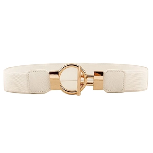 White elastic waist belt for women with gold OT toggle buckle for dresses and coats