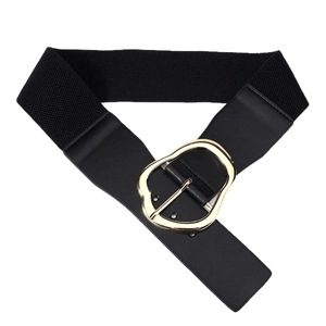 Chic black elastic wide belt with a heart shaped gold buckle for dresses