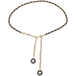 Ceinture chaîne dorée avec cuir noir tressé et pendentifs en perles pour robes