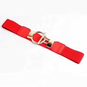 Elastic red waist belt for women with a polished gold metal circular toggle buckle