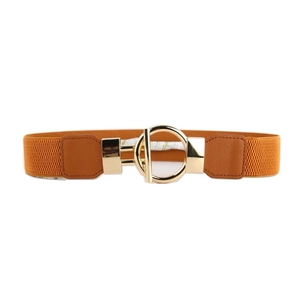 Minimalist camel elastic waist belt for women with elegant interlocking gold rings buckle