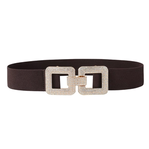 Détail d'une ceinture élastique marron foncé avec boucle dorée ornée de strass