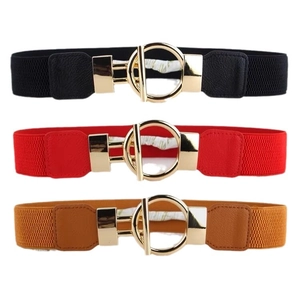 Three elastic waist belts for women in black, red, and camel with gold metal buckles