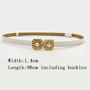 Detail of 1.4cm white leather belt showing size specs and gold pearl buckle