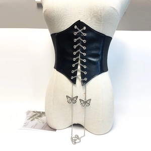 Ceinture Corset Large pour Femme Gothique Punk Ceinture Élastique à Lacets avec Chaîne Papillon Cuir PU Broderie Ceinture de Mode