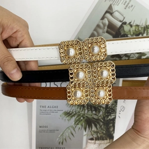 Vintage chain pearl buckle skinny belts for women in white, black, and brown leather options