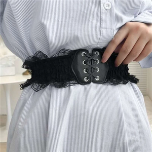 Elegant black lace corset belt with elastic band and front lace-up detail for women