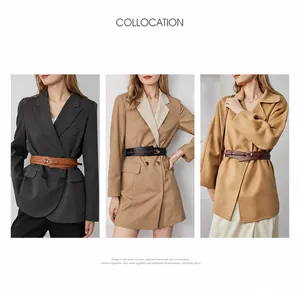 Three-panel split view showing stylish wide waist belts styled on elegant blazers