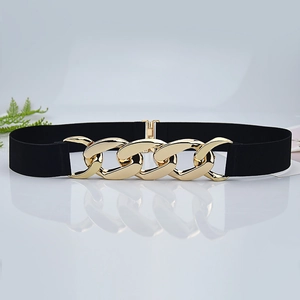 Women's black elastic waist belt with large gold interlocking chain links and metal buckle