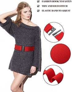 Detail of red elastic waist belt featuring silver hook buckle and neat stitching details