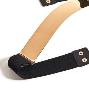 Ceinture élastique large pour femme avec plaque en métal doré miroir et bouton-pression