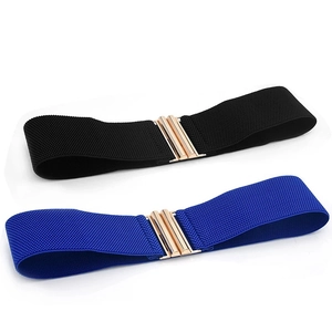 Flat lay of black and royal blue wide elastic waist belts with golden metal buckles