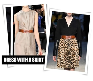 Detail showing a brown leather wide belt styled on a dress and leopard print skirt
