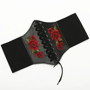 Large ceinture corset élastique avec broderie florale et laçage frontal vintage