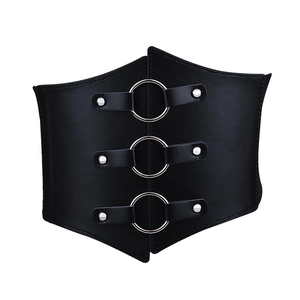 Cintura a corsetto elastica nera larga da donna con tre anelli in metallo argentato