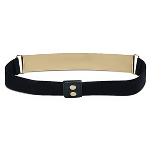 Détail de la ceinture élastique large avec plaque métallique dorée miroir et boutons