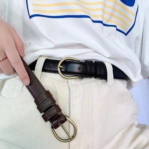 Minimalist vintage women leather belts with antique gold D-buckle in black and brown colors