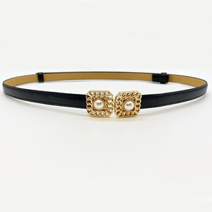 Elegant thin black leather belt for women featuring a gold braided buckle with pearl
