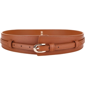 Caramel brown wide leather waist belt with double straps and gold buckle for coats and dresses