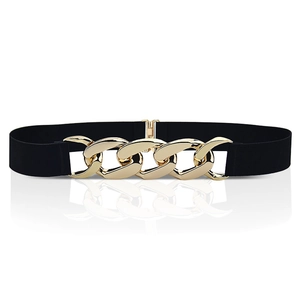 Women's black elastic waist belt with decorative polished gold oversized metal chain links