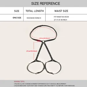 Size chart for black rivet leather body harness with detailed waist and length measurements