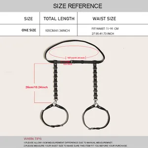 Size chart for black punk leather waist leg harness belt showing detailed measurements