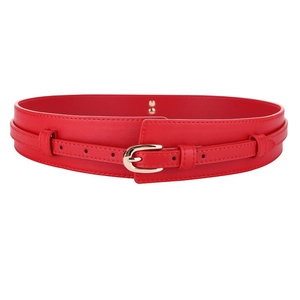 Fashionable red PU leather wide waist belt with golden buckle for dresses and coats