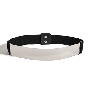 Ceinture élastique femme 4cm avec plaque métallique argentée miroir sur bande noire souple