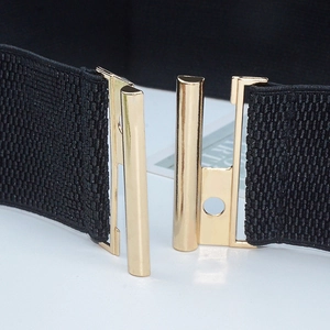 Close-up of black elastic waist belt with elegant gold-plated metal interlocking buckle