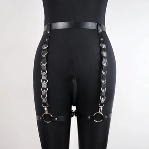 Punk black leather body harness belt with silver metal D-rings and leg loops for women