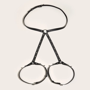 Punk style black PU leather body harness belt with silver studs and adjustable thigh rings