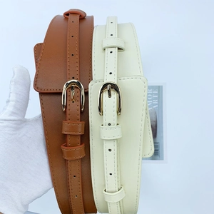 Modern wide waist belt for suits and coats with gold oval buckle in brown and beige leather